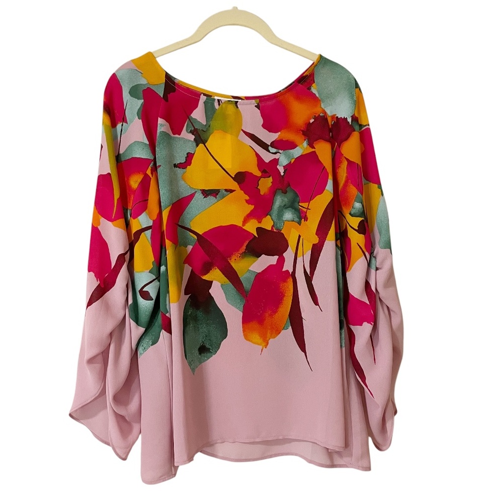 J Jill Christian Siriano Pink Floral Blouse Medium Petite Long Sleeves Abstract